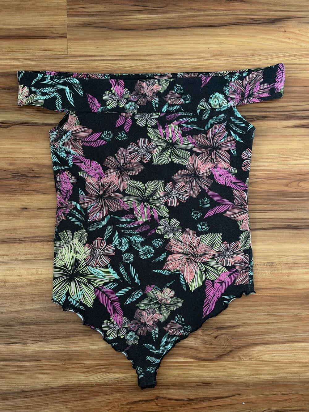Free People Retro 80s Off-The-Shoulder Floral Bodysuit Black Neon Print Size M